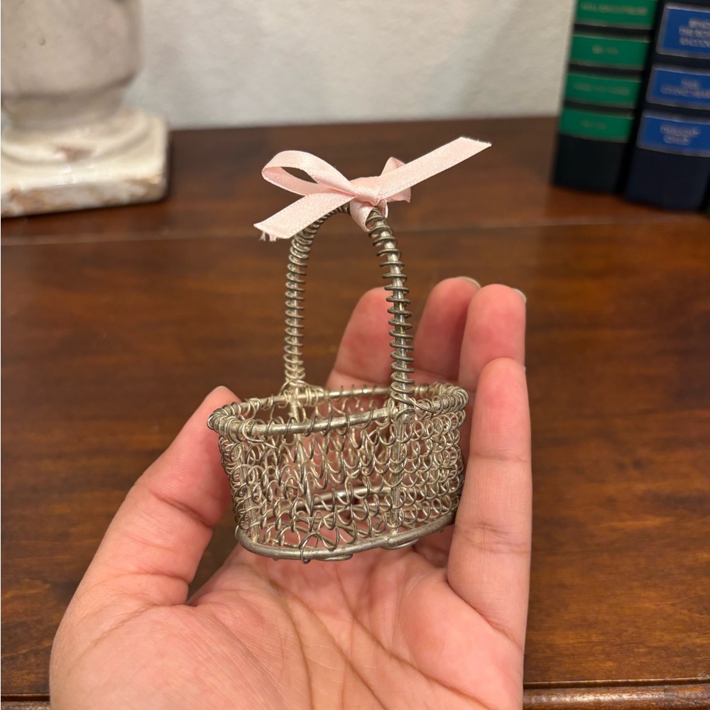 Miniature Silver Wire Basket with Pink Bow